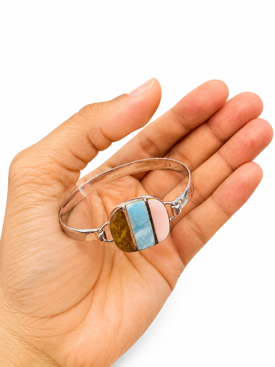 Larimar, Pink Coral & Dominican Amber Sterling Silver Bracelet