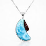 Larimar Moon Pendant With Dominican Amber – 925 Sterling Silver Jewelry