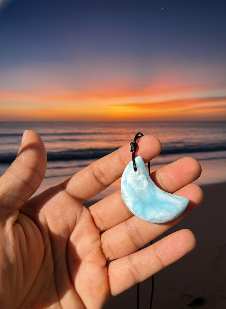 Larimar Moon Necklace – Unisex Adjustable Blue Crystal Pendant - Handmade in the Dominican Republic