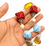 AAA Larimar Statement Necklace, Dominican Amber Red Coral Pearl 925 Silver