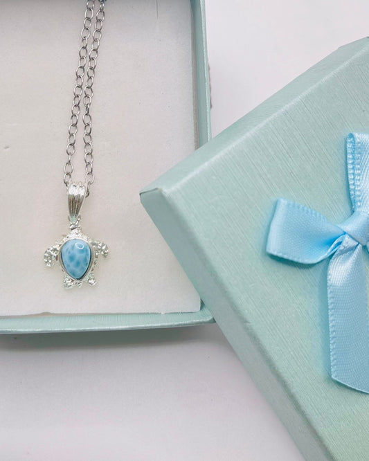 Larimar Turtle Pendant Necklace – Genuine Dominican Larimar Jewelry, Ocean Necklace, Handmade Gift for Women