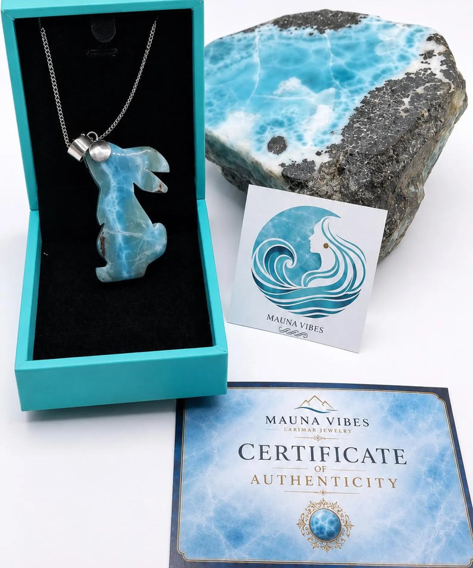 Larimar rabbit pendant close-up – Caribbean blue gemstone with a larimar slab stone and packed in a box