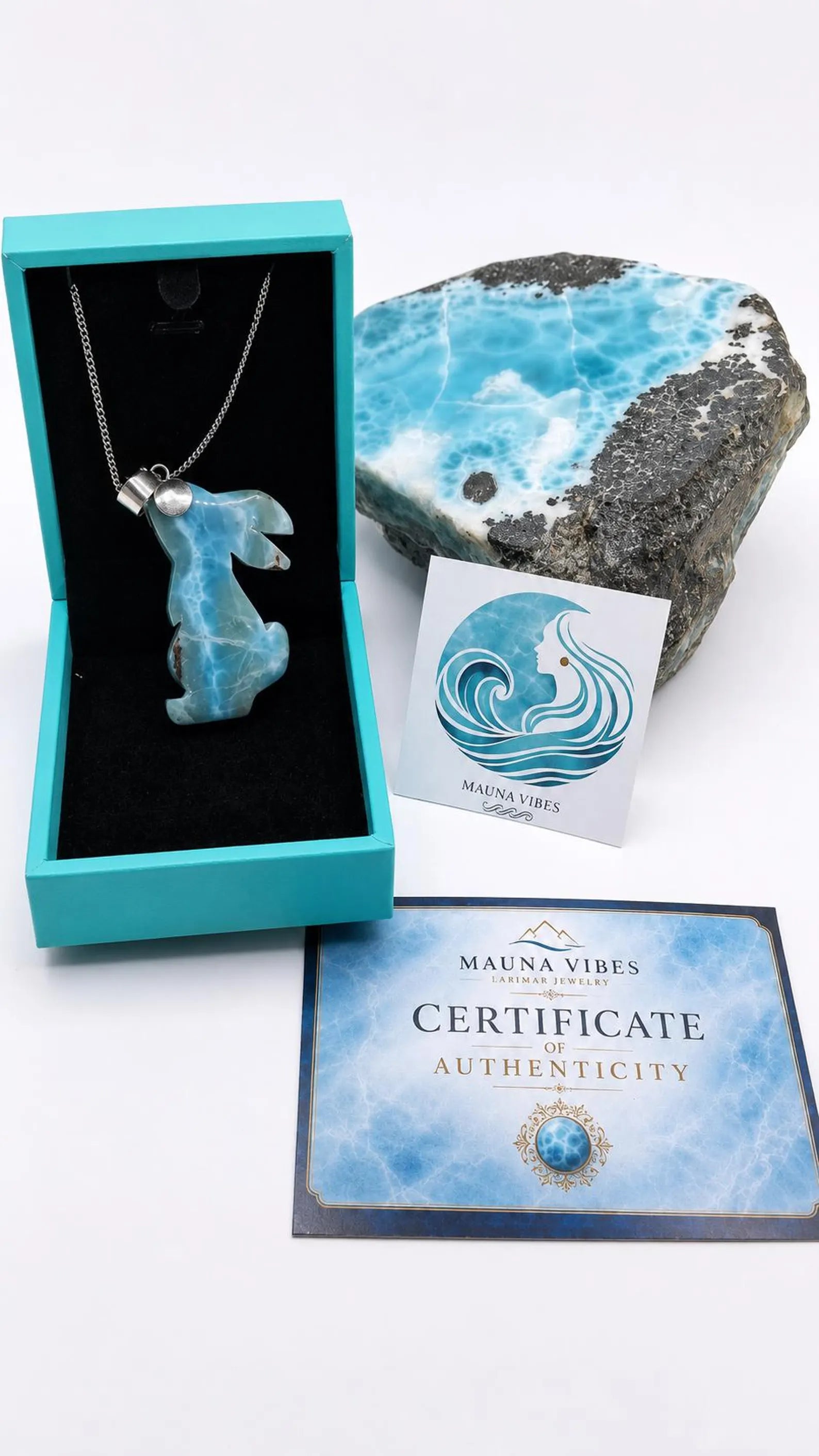 Larimar rabbit pendant close-up – Caribbean blue gemstone with a larimar slab stone and packed in a box