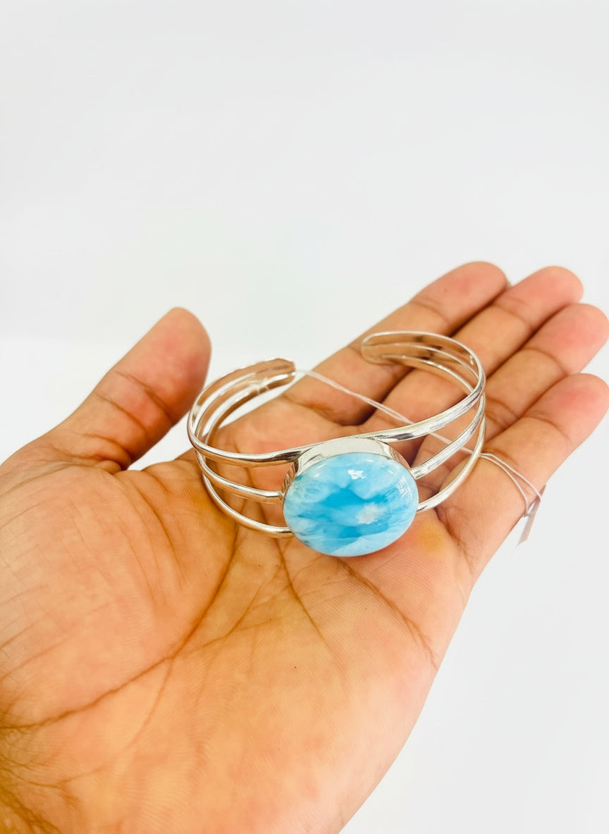 Larimar Triple-Band Cuff Bracelet – Exclusive  925 Sterling Silver Caribbean Blue Stone Jewelry for Women