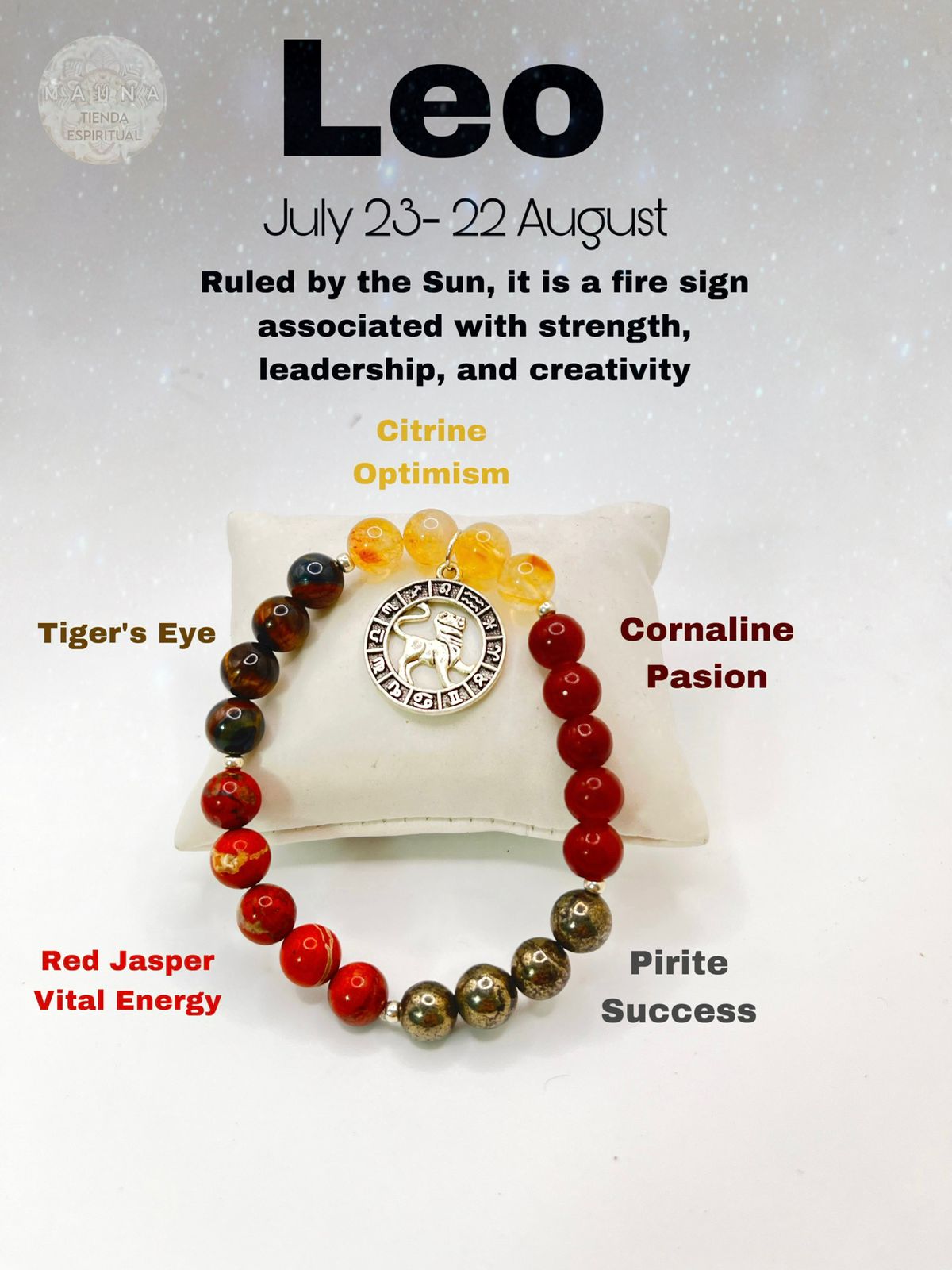♌ Leo
Red Carnelian, Tiger’s Eye, Red Jasper, Pyrite, Citrine
Personal power, magnetism, and confidence.