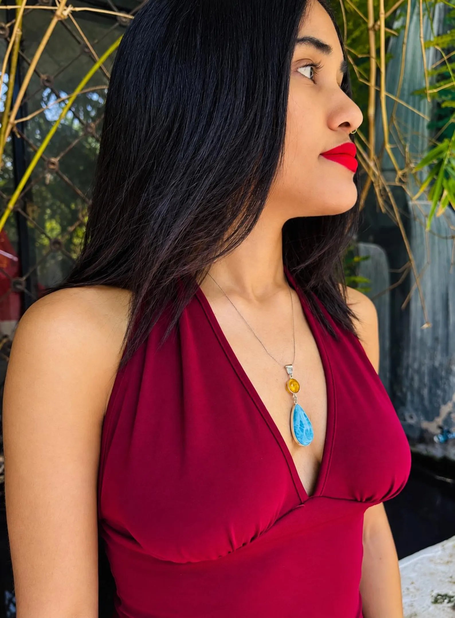 Dominican Larimar teardrop pendant in 925 sterling silver, shown with scale reference, for everyday wear, Mauna Vibes