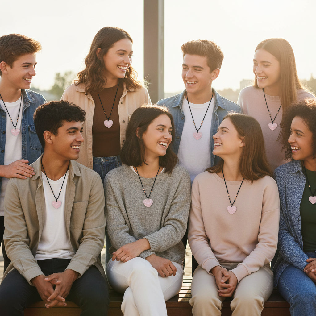 Three heart-shaped pink stone pendants on black cord against a white background