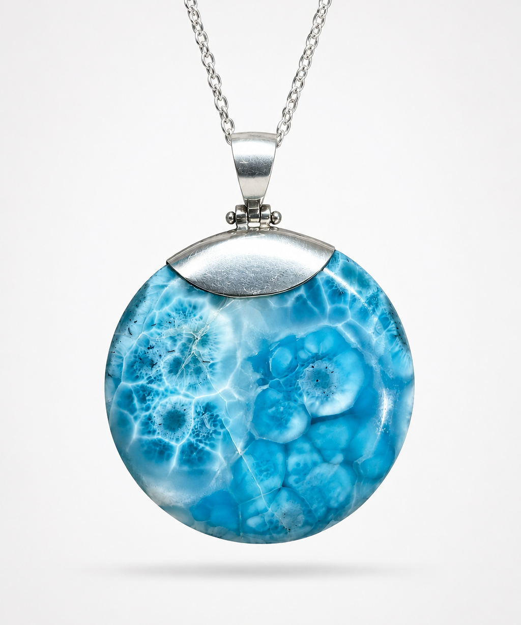 AAA Larimar round pendant worn on sterling silver chain – Caribbean blue fractal pattern on white linen – Mauna Vibes