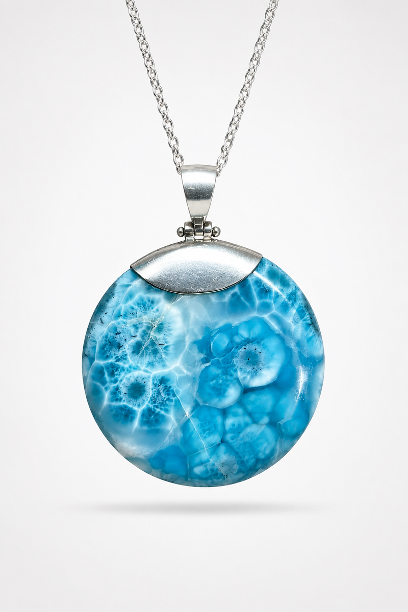 AAA Larimar round pendant worn on sterling silver chain – Caribbean blue fractal pattern on white linen – Mauna Vibes