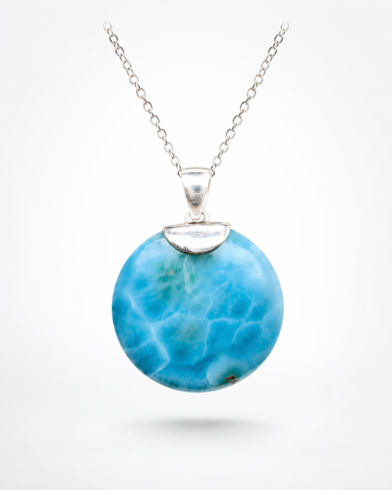Round Larimar Pendant, AAA Blue Turquoise, 925 Sterling Silver Unisex Jewelry