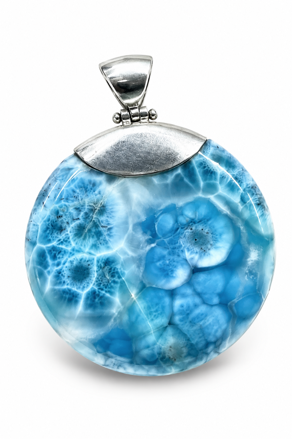 A round pendant featuring a blue and white coral-like marbled pattern, suspended from a textured silver bail, shown against a plain white background.