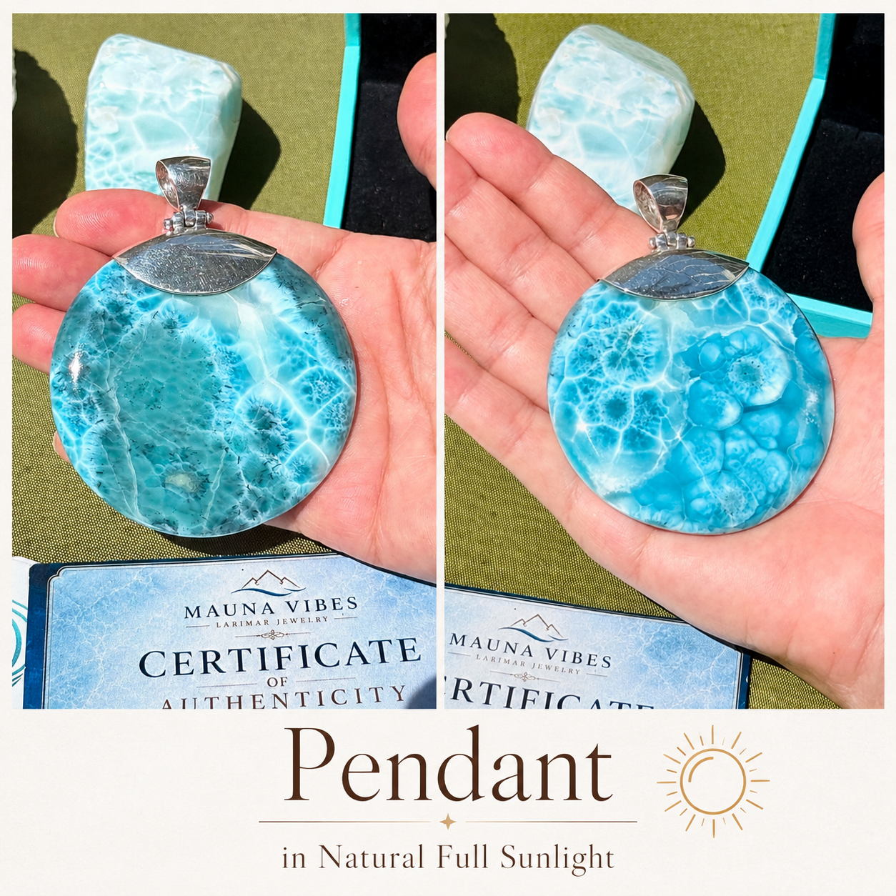 a collage Large AAA Larimar round pendant in hand showing scale – 100g genuine Dominican Republic gemstone on sterling silver chain – Mauna Vibes