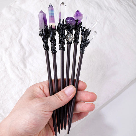 Crystal Gemstone Hairpin – Spiritual Hair Accessory with Amethyst, Crystal Quartz & Fluorite.