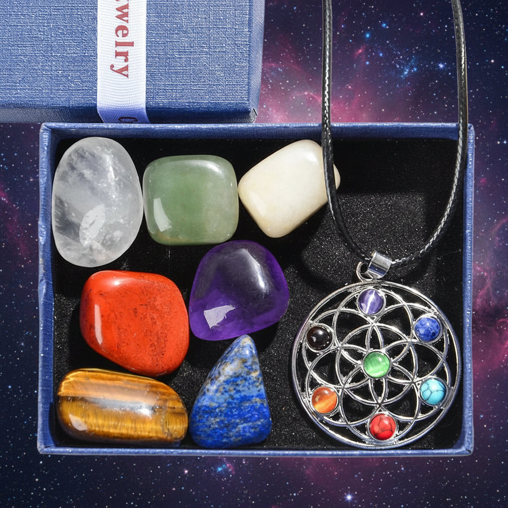 Set of chakra stones and a chakra necklace in a box