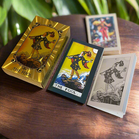 The Fool Tarot Deck – 78 Golden Foil Cards in Spanish & English- Includes Physical Guidebook  for Beginners and Experts.