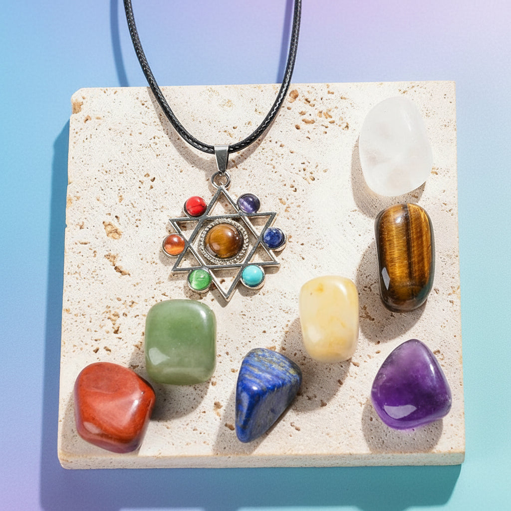 Star of David pendant with colorful stones on a stone surface