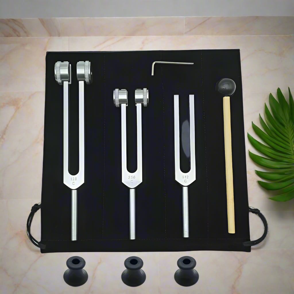 Juego de 3 diapasones de aluminio de 128 Hz, 256 Hz y 512 Hz para reiki, yoga, meditación y sanación sonora.