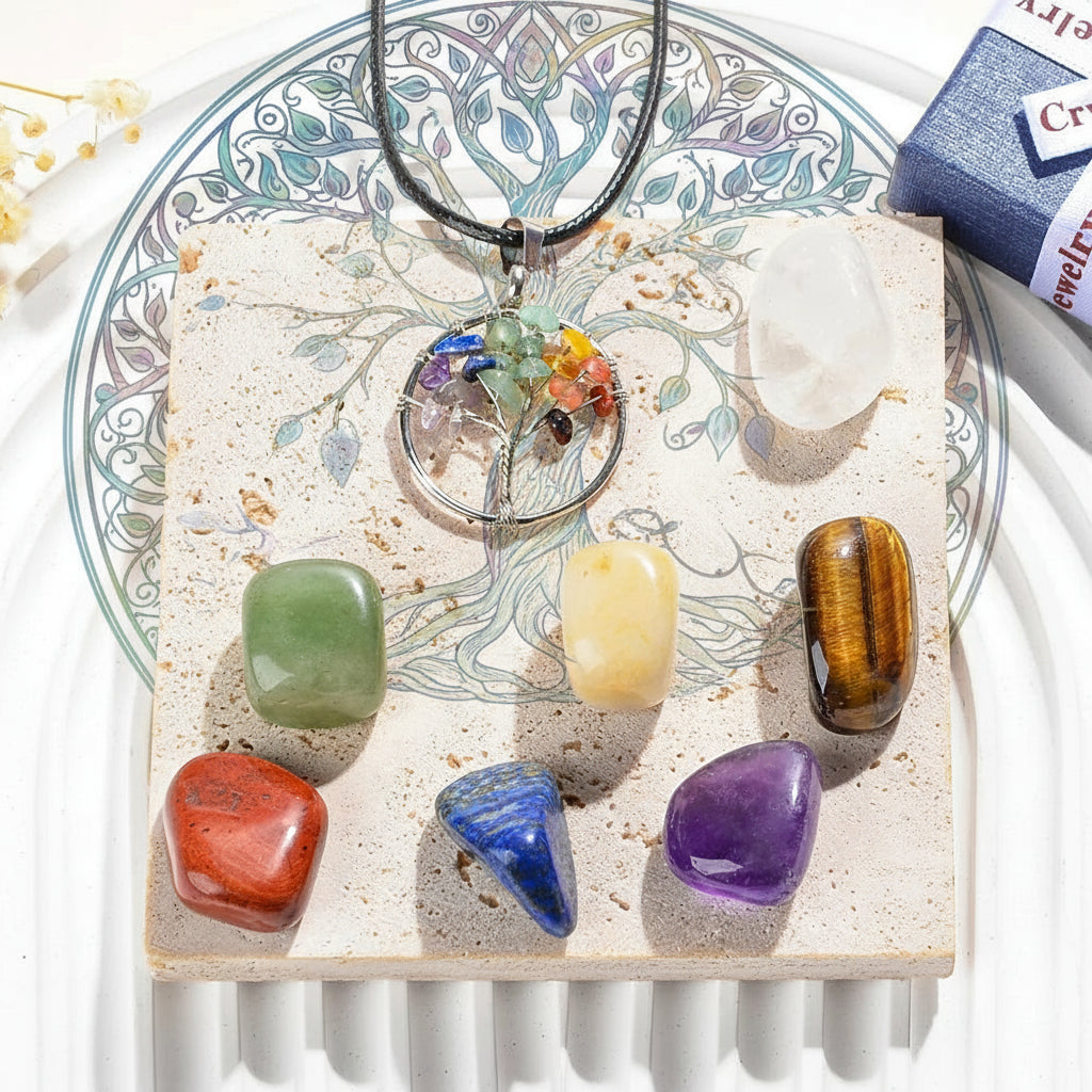 Tree of Life pendant with colorful stones on a white surface