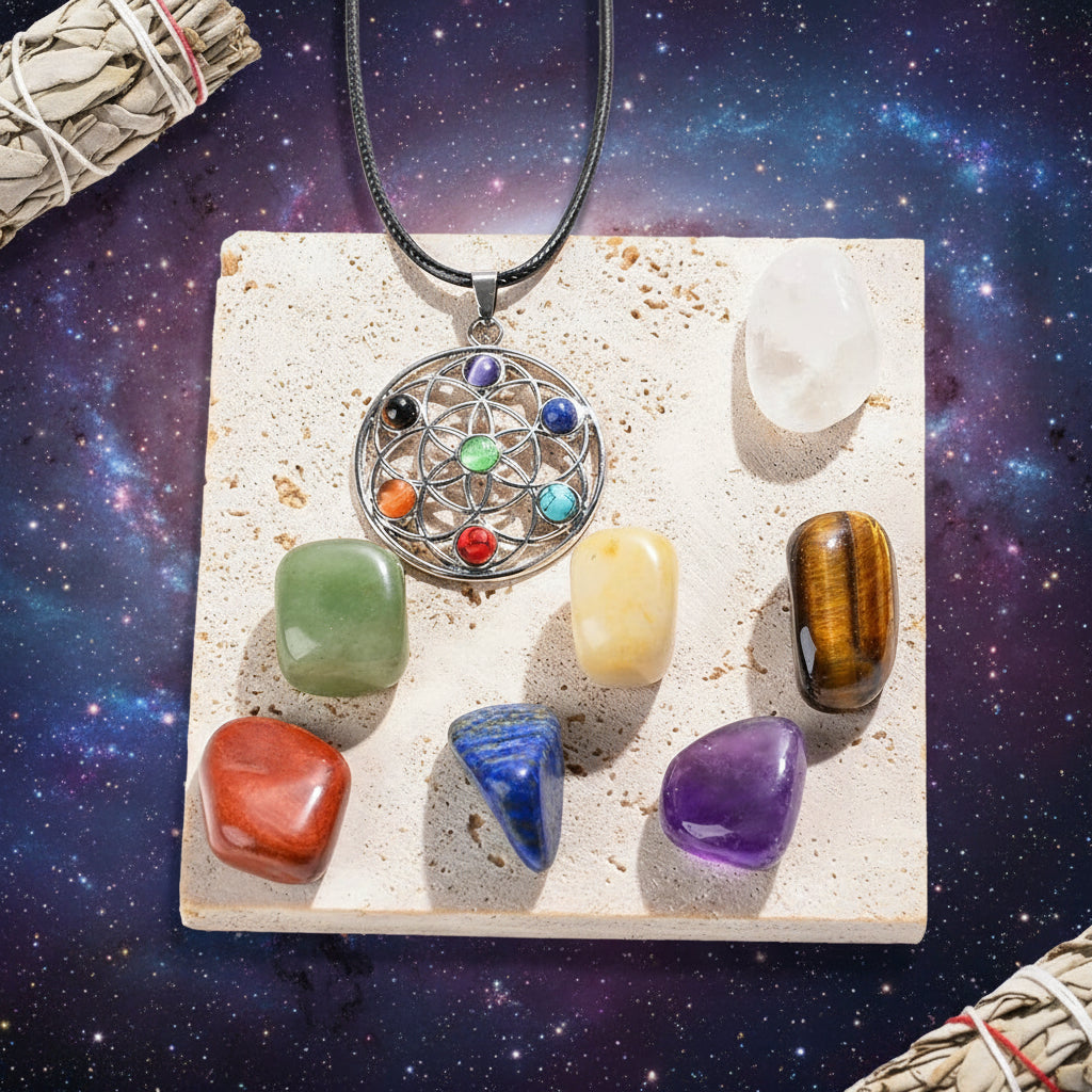 Crystal necklace with colorful stones on a stone base with crystals and packaging in the background.