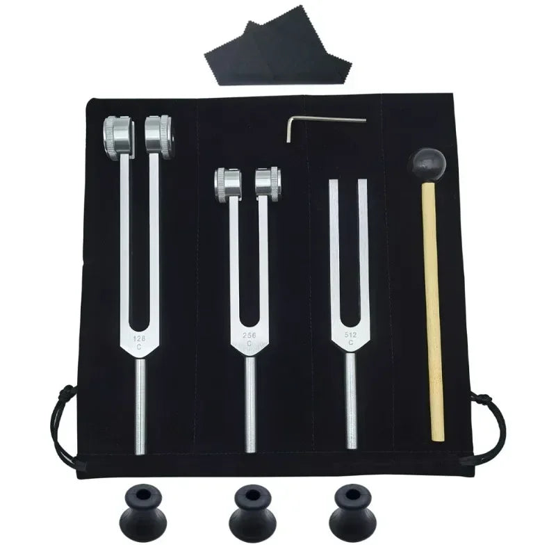 Juego de 3 diapasones de aluminio de 128 Hz, 256 Hz y 512 Hz para reiki, yoga, meditación y sanación sonora.