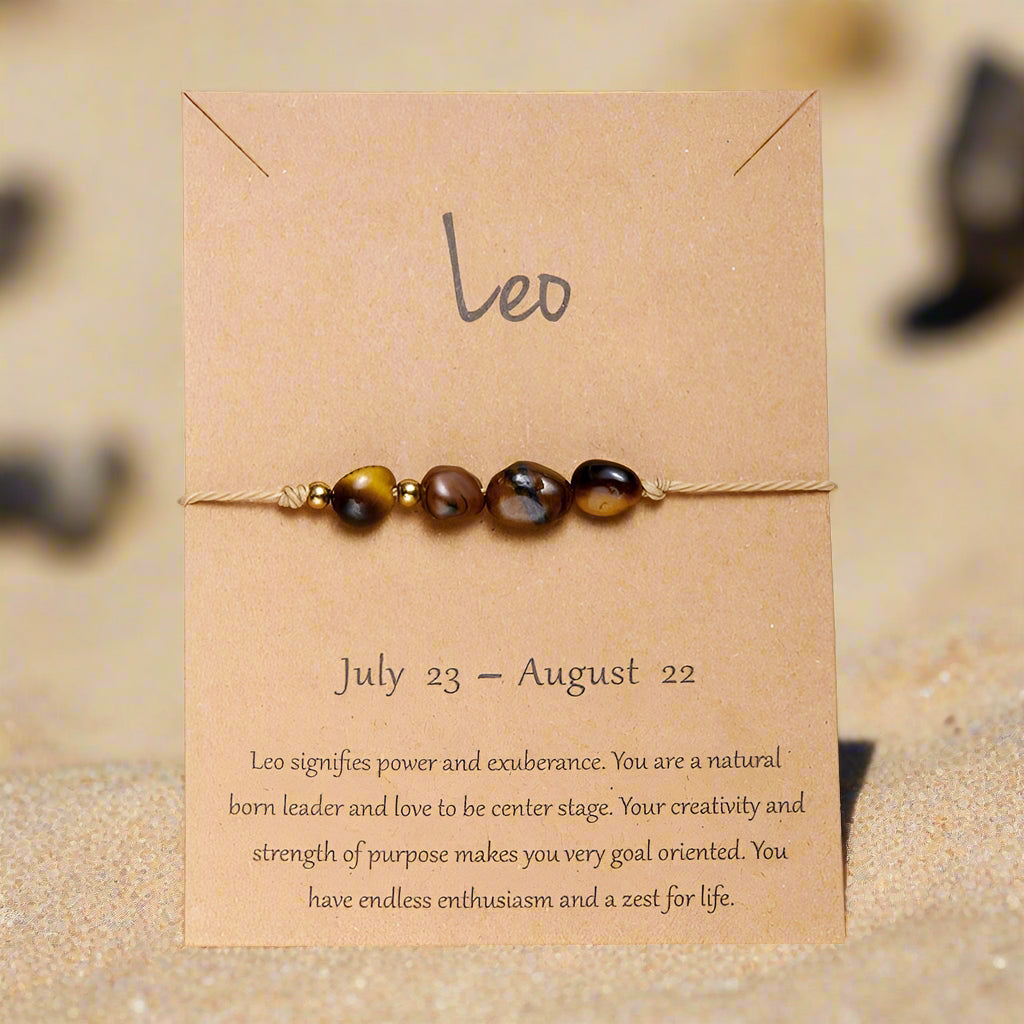 A collection of zodiac sign-themed bracelets on a beige background, each with a different set of colors and stones, and labeled with the corresponding zodiac sign names.