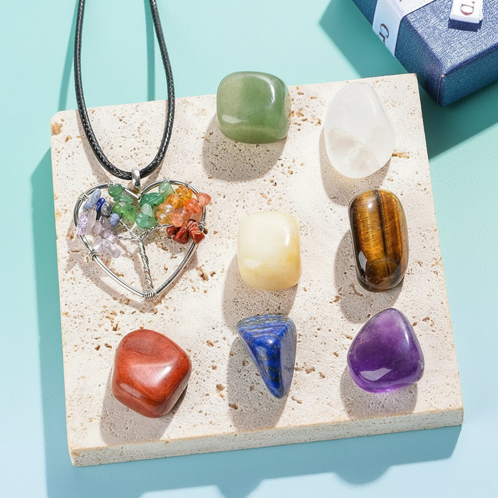 Colorful heart-shaped crystal pendant with various crystals on a textured surface