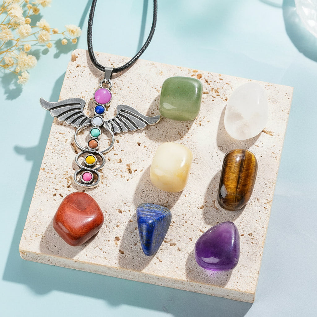 Kit de cristales de los 7 chakras: collares y piedras para meditación, sanación y geometría sagrada