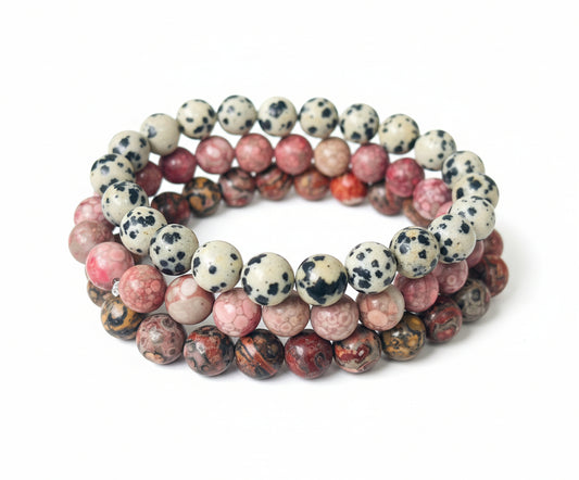 Conjunto de pulseras de piedras preciosas - Pulsera de rodonita - Pulsera de jaspe leopardo - Joyería de jaspe dálmata - Caja de regalo