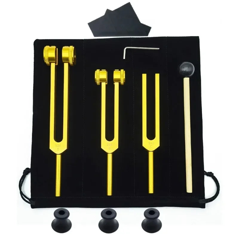 Juego de 3 diapasones de aluminio de 128 Hz, 256 Hz y 512 Hz para reiki, yoga, meditación y sanación sonora.
