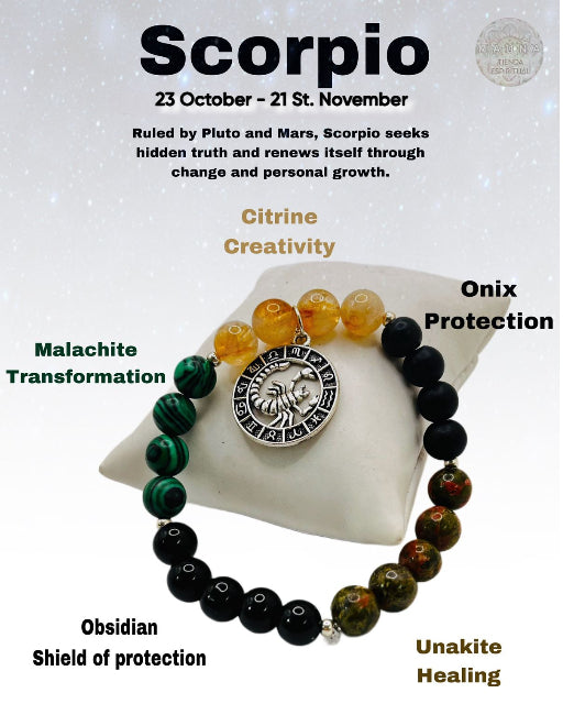 ♏ Scorpio
Malachite, Obsidian, Onyx, Citrine, Unakite
Transformation, protection, and energetic renewal.