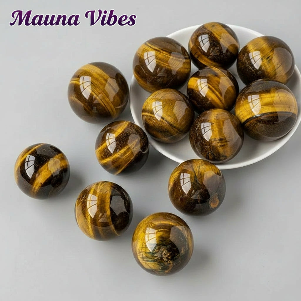 Tiger's eye stones on a white plate with yellow flowers in the background