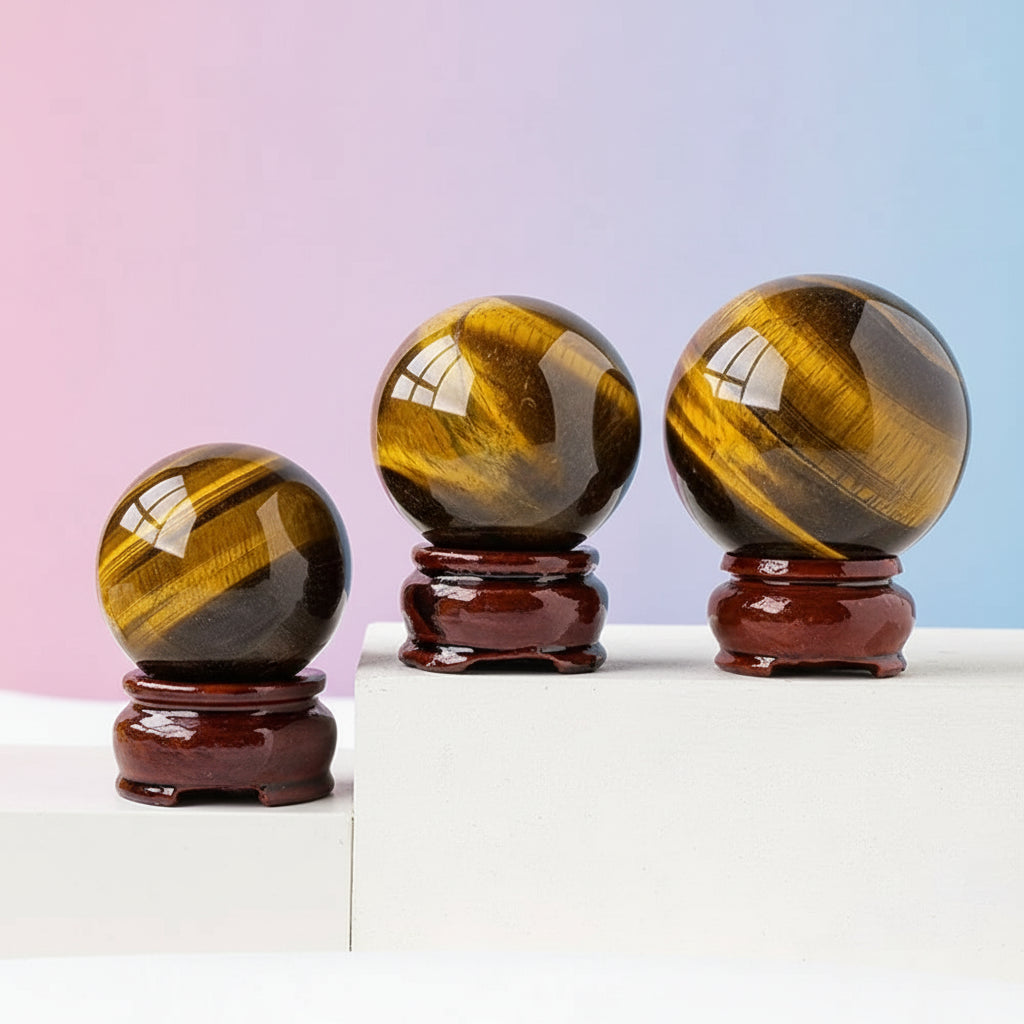 Three tiger eye crystal balls on wooden stands with a blurred background
