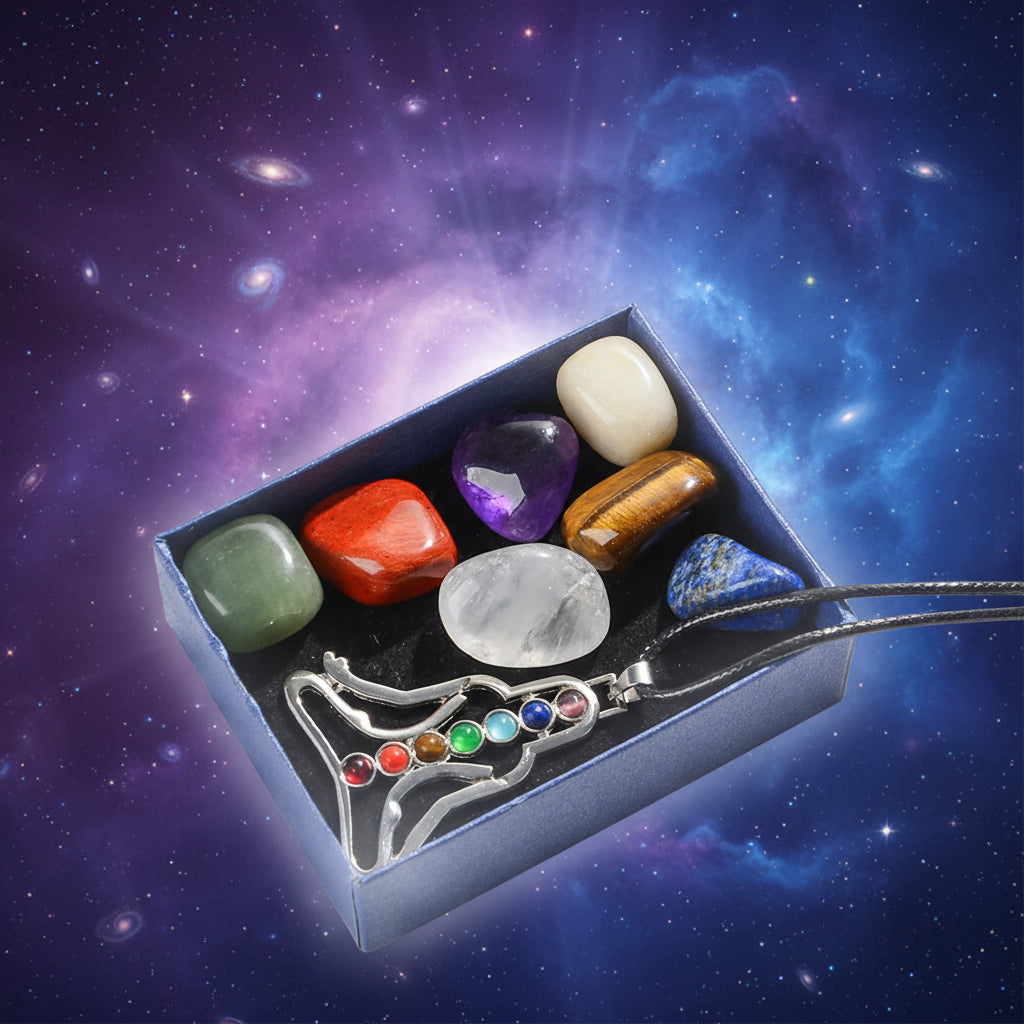 Set of colorful crystals and a silver necklace with colored stones in a box.