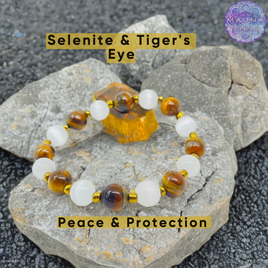 Tiger’s Eye & Selenite Bracelet –For Strength, Clarity And Protection | 8mm - 10mm Beads Unisex Bracelet For Men And Women.