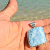 Larimar Square Pendant, 925 Sterling Silver Dominican Blue Stone for Men & Women