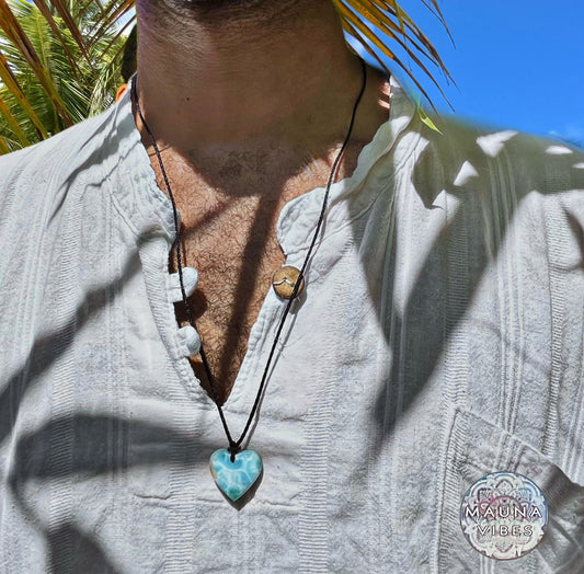 Larimar Men's Heart Necklace from the Dominican Republic - Caribbean Blue Gemstone Pendant - Healing Crystal Jewelry - Handmade Gift- Unisex