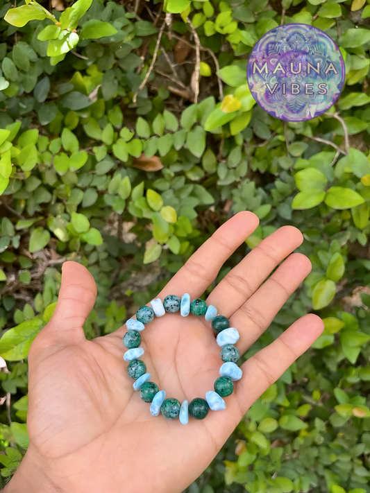 Larimar Bracelet with Chrysocolla – 10mm Gemstone Beads & Larimar Chips.