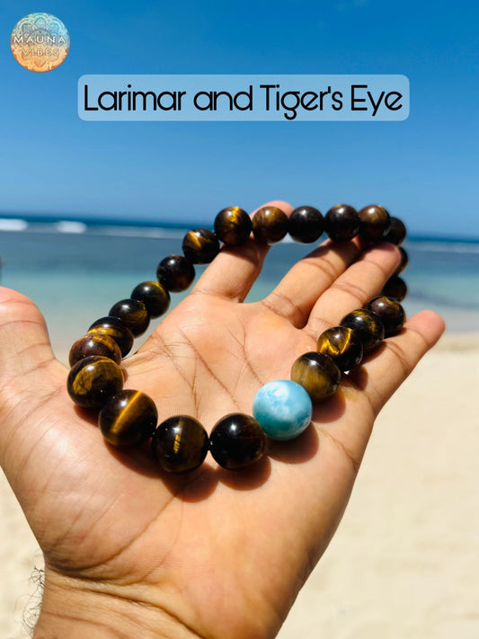Larimar Necklace With Tiger’s Eye – 16mm Natural Gemstone Necklace for Men & Women – Handmade With Dominican Larimar – Gift Box Included