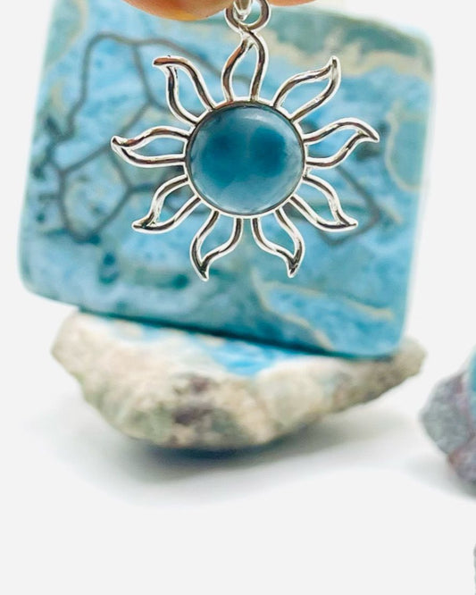 Larimar Sun Pendant Necklace with 925 Sterling Silver Hook