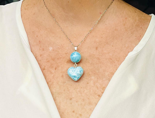 Larimar Heart & Sphere Pendant Necklace – Genuine Dominican Blue Larimar Jewelry Gift