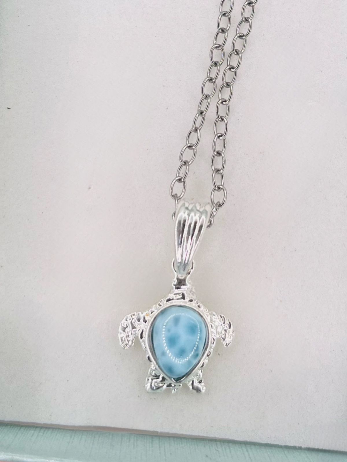 Larimar Turtle Pendant Necklace – Genuine Dominican Larimar Jewelry, Ocean Necklace, Handmade Gift for Women
