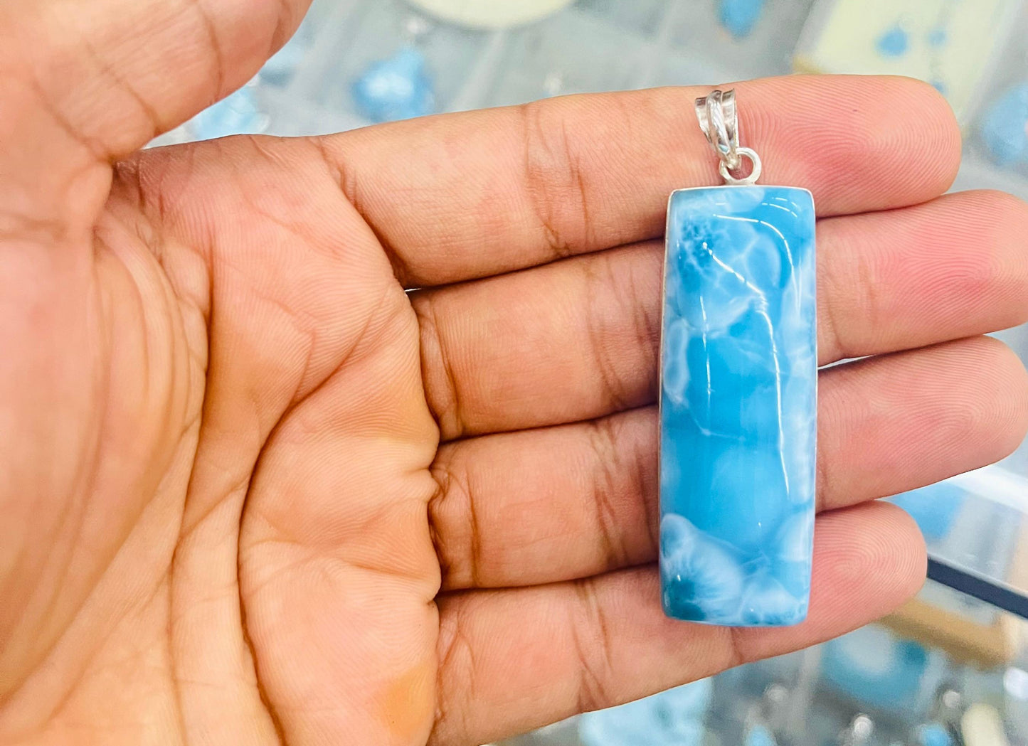Larimar Rectangle Pendant 925 Silver | Dominican Blue Gemstone Necklace Jewelry Gift