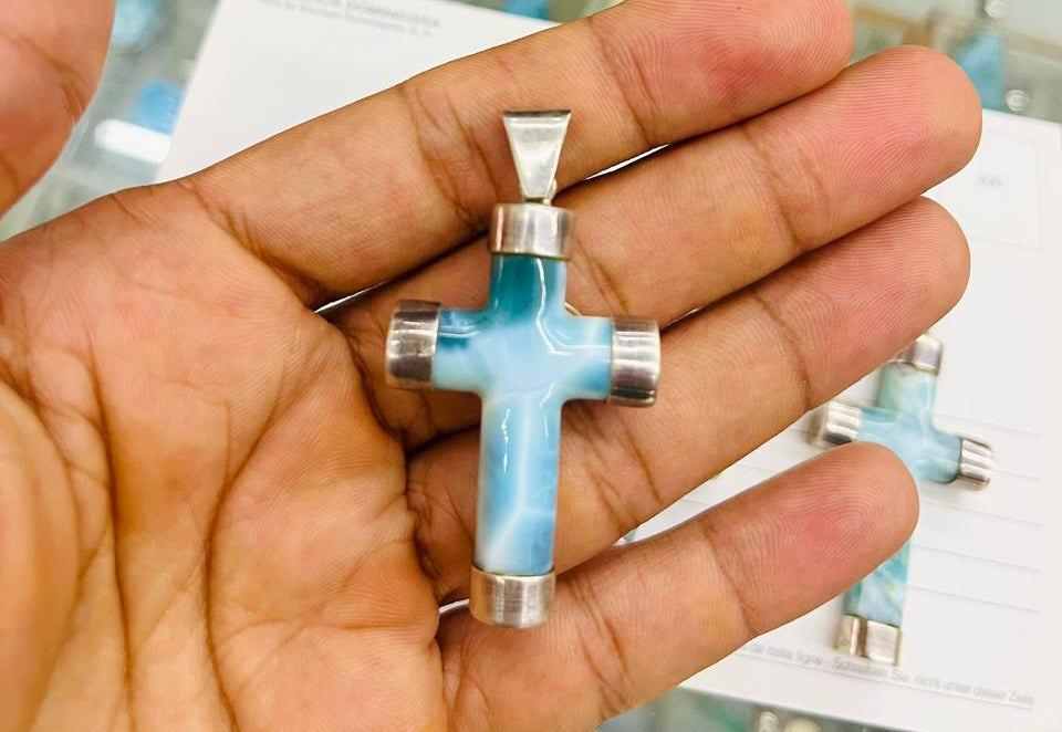 Larimar Cross Pendant In Silver: Dominican Republic Gemstone Necklace, Unisex Spiritual Jewelry Gift