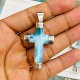 Larimar Cross Pendant In Silver: Dominican Republic Gemstone Necklace, Unisex Spiritual Jewelry Gift