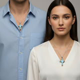 Larimar Cross Pendant In Silver: Dominican Republic Gemstone Necklace, Unisex Spiritual Jewelry Gift