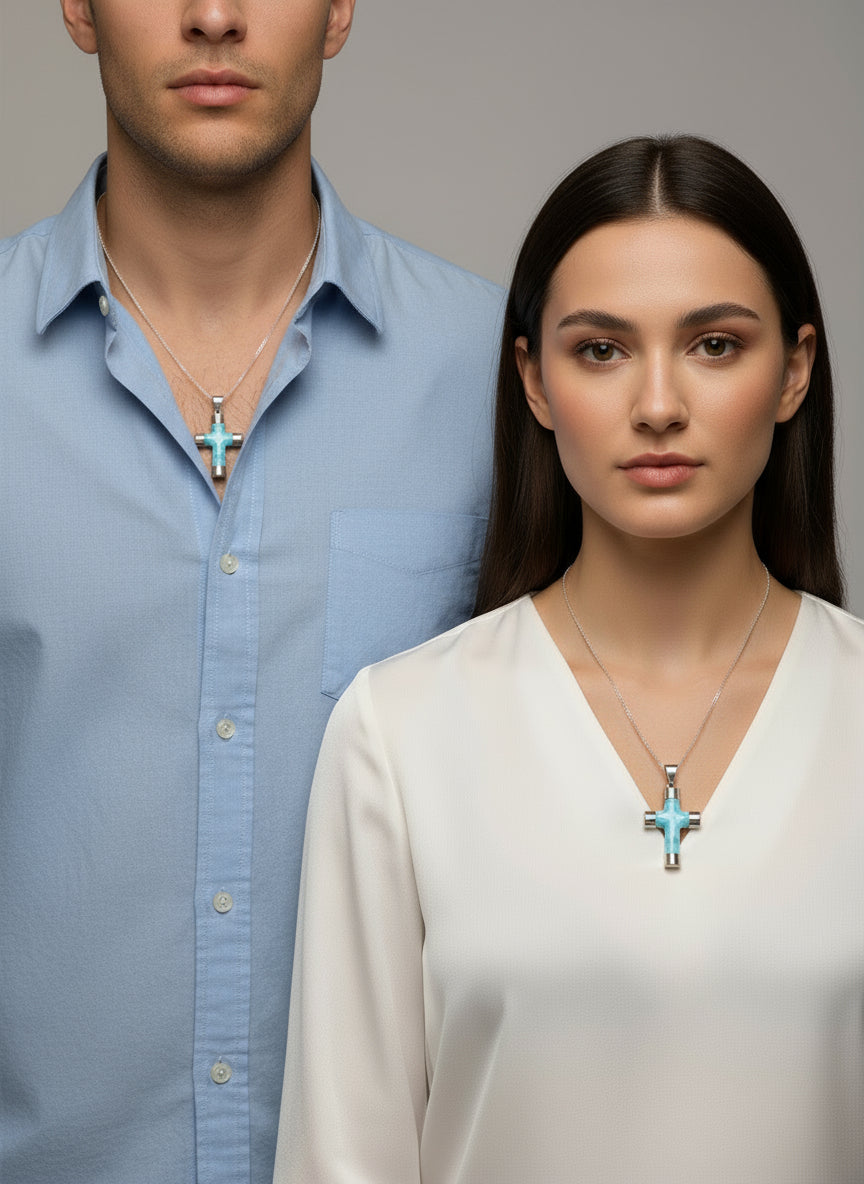 Larimar Cross Pendant In Silver: Dominican Republic Gemstone Necklace, Unisex Spiritual Jewelry Gift