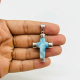 Larimar Cross Pendant In Silver: Dominican Republic Gemstone Necklace, Unisex Spiritual Jewelry Gift