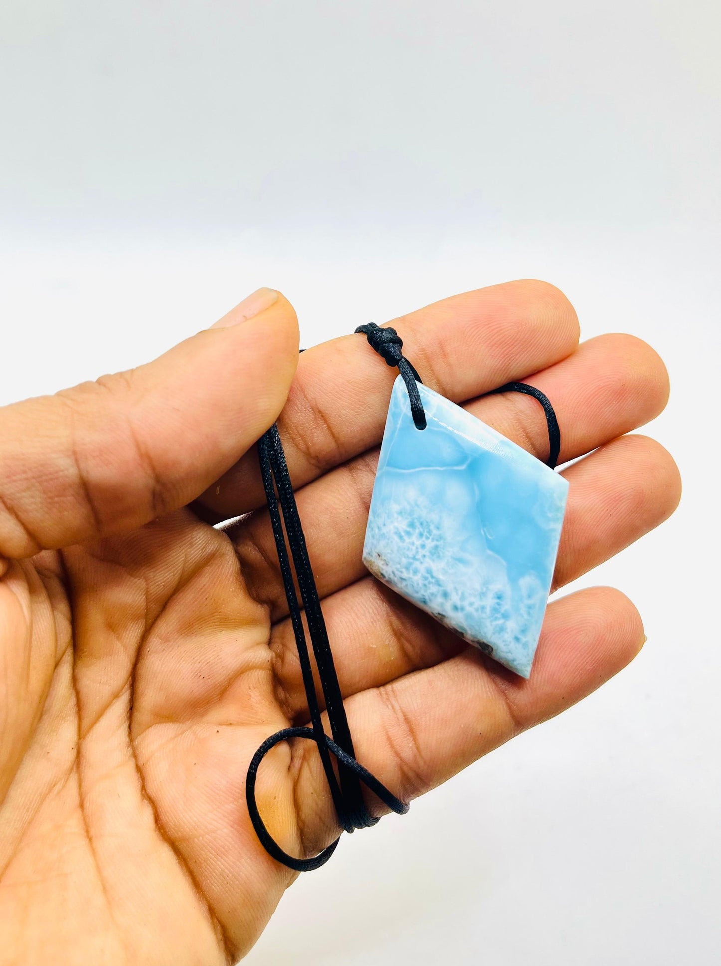 Larimar Diamond-Shaped Pendant Necklace – Genuine Blue Crystal on Adjustable Rope For Men and Women.