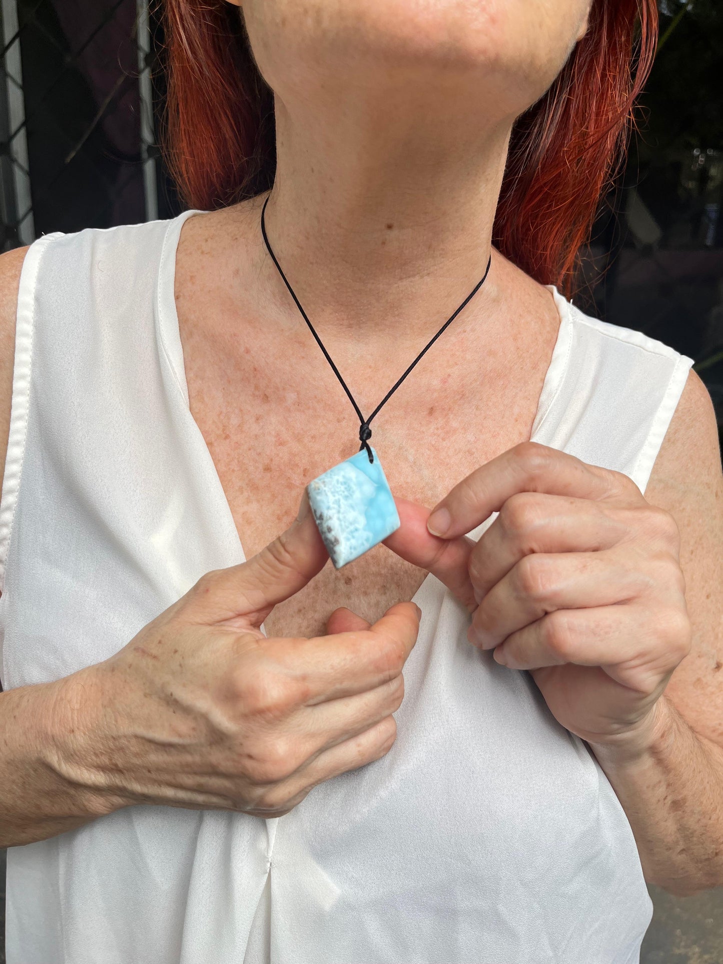 Larimar Diamond-Shaped Pendant Necklace – Genuine Blue Crystal on Adjustable Rope For Men and Women.