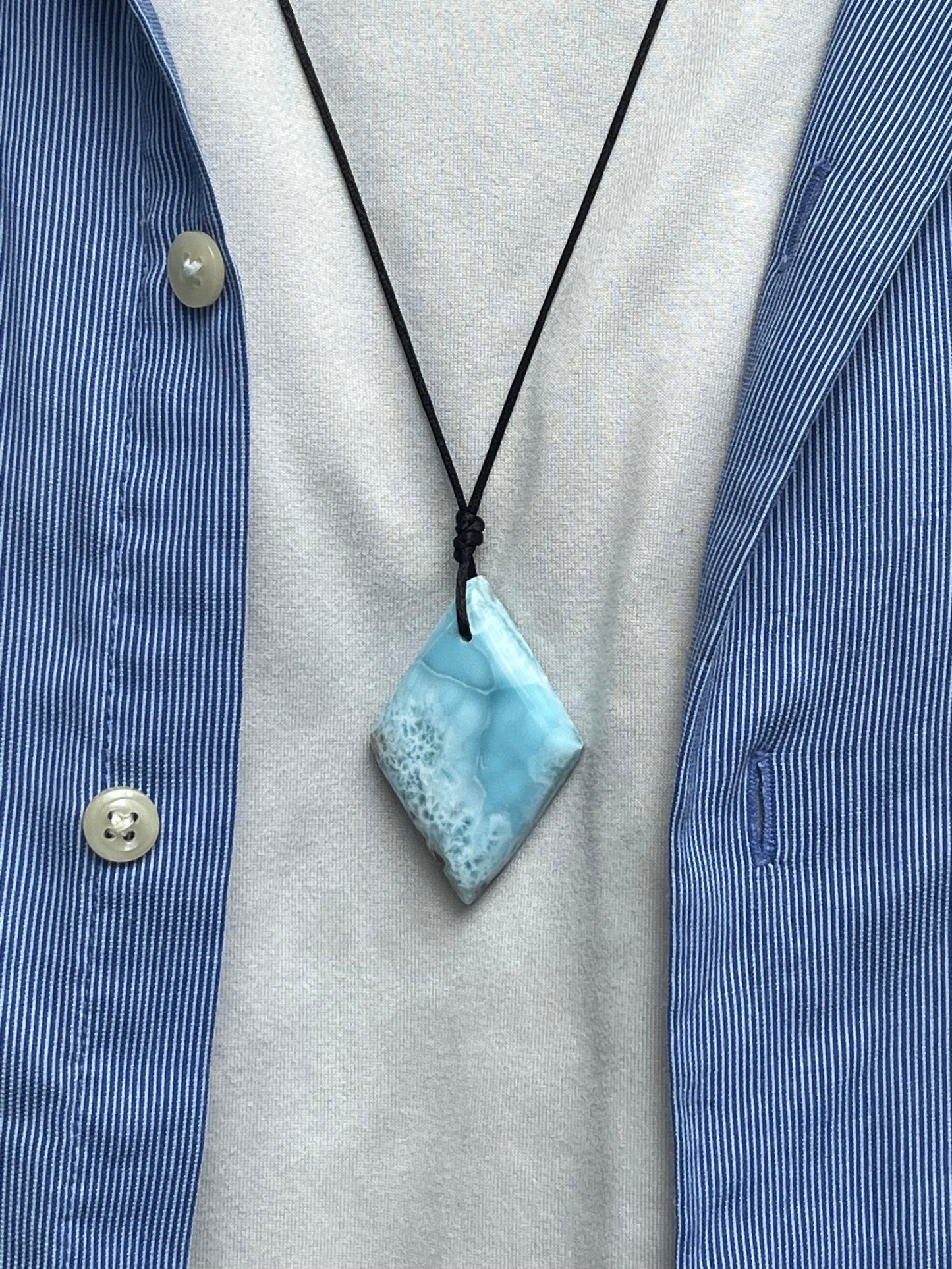 Larimar Diamond-Shaped Pendant Necklace – Genuine Blue Crystal on Adjustable Rope For Men and Women.